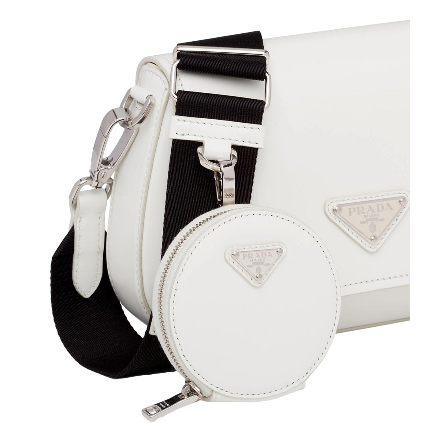 Luxury PradaTriangle Plaque Smooth White Leather Round Mini Pouch Keychain