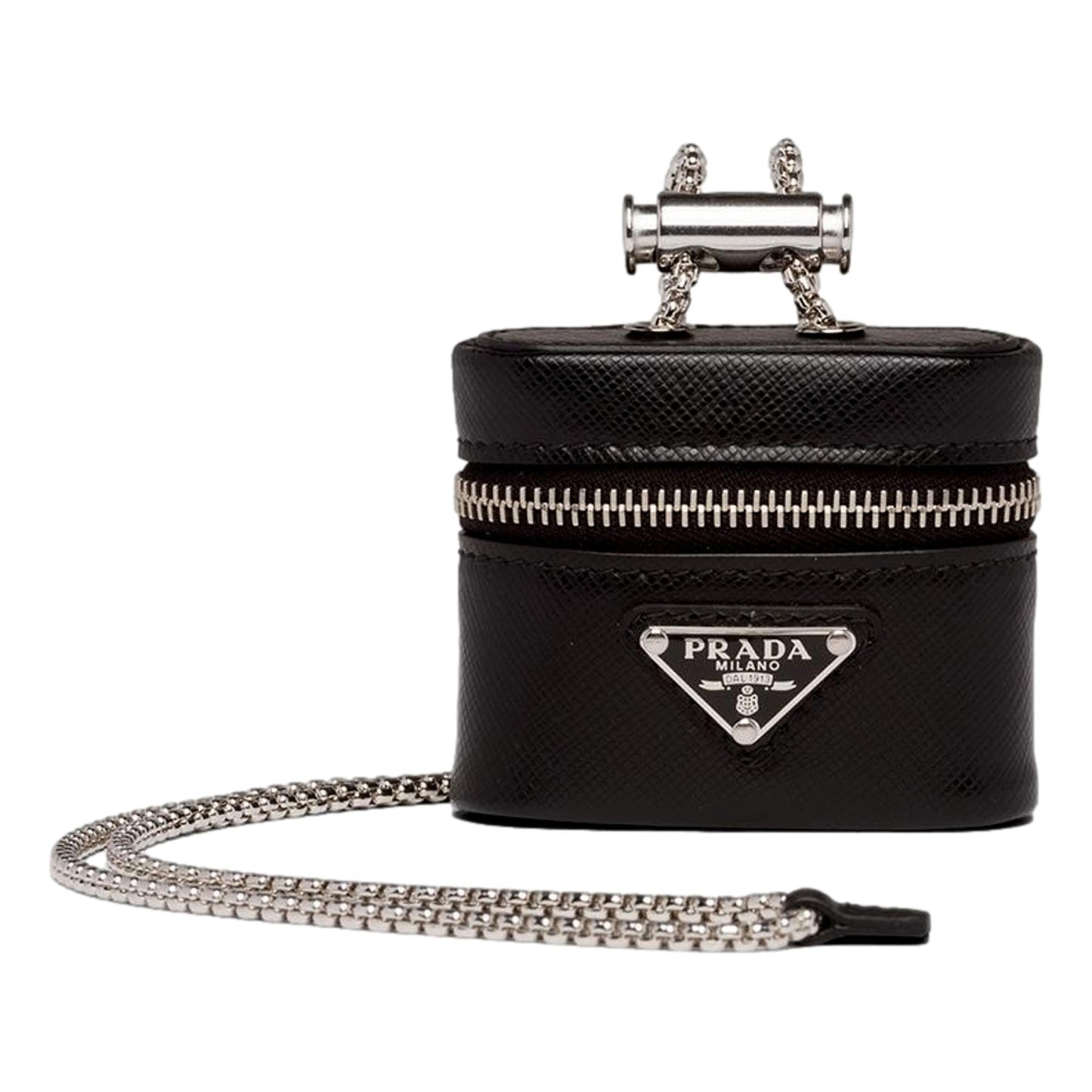Luxury PradaTriangle Saffiano Black Leather Mini Airpods Case with Chain