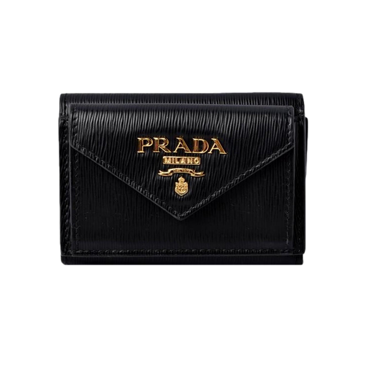 Luxury PradaWomens Vitello Move Black Leather Compact Envelope Trifold Wallet