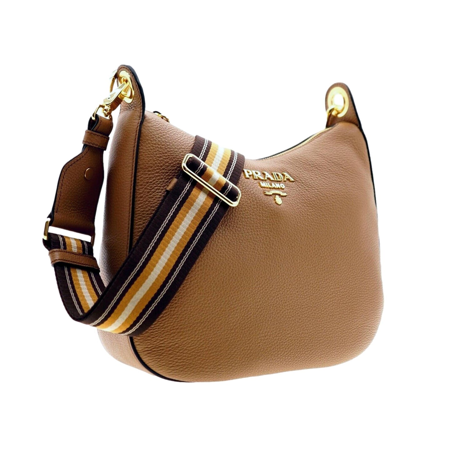 Luxury PradaVitello Phenix Caramel Brown Leather Web Stripe Crossbody Bag