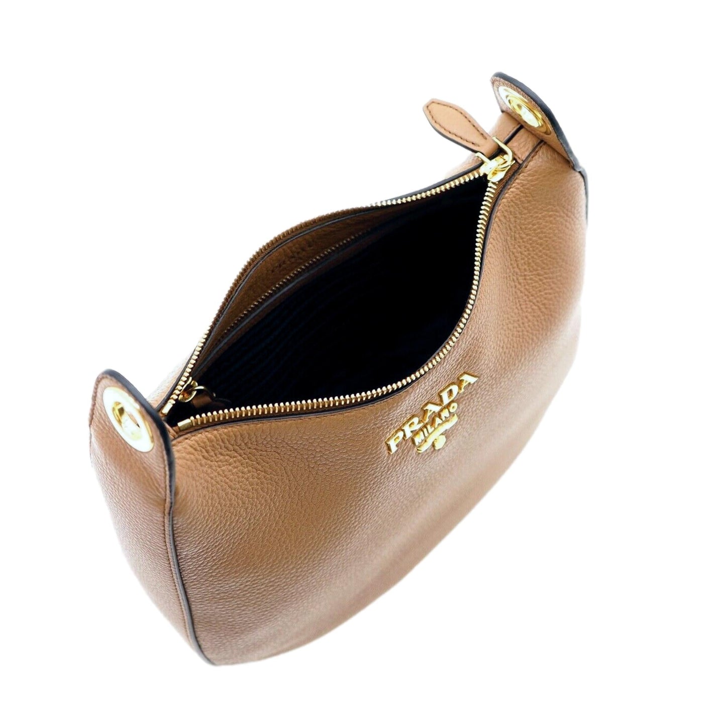 Luxury PradaVitello Phenix Caramel Brown Leather Web Stripe Crossbody Bag