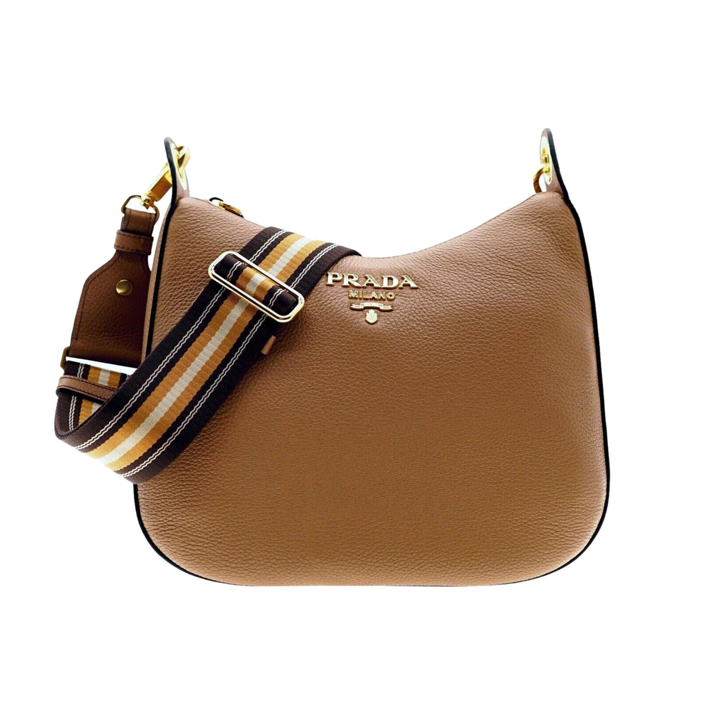 Luxury PradaVitello Phenix Caramel Brown Leather Web Stripe Crossbody Bag