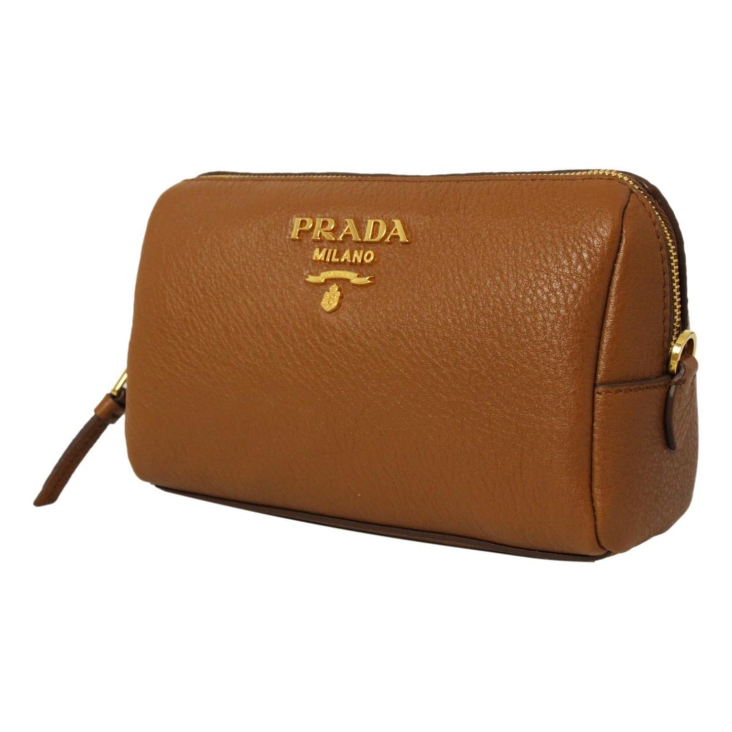 Luxury PradaVitello Daino Cannella Brown Leather Cosmetic Pouch Clutch Bag
