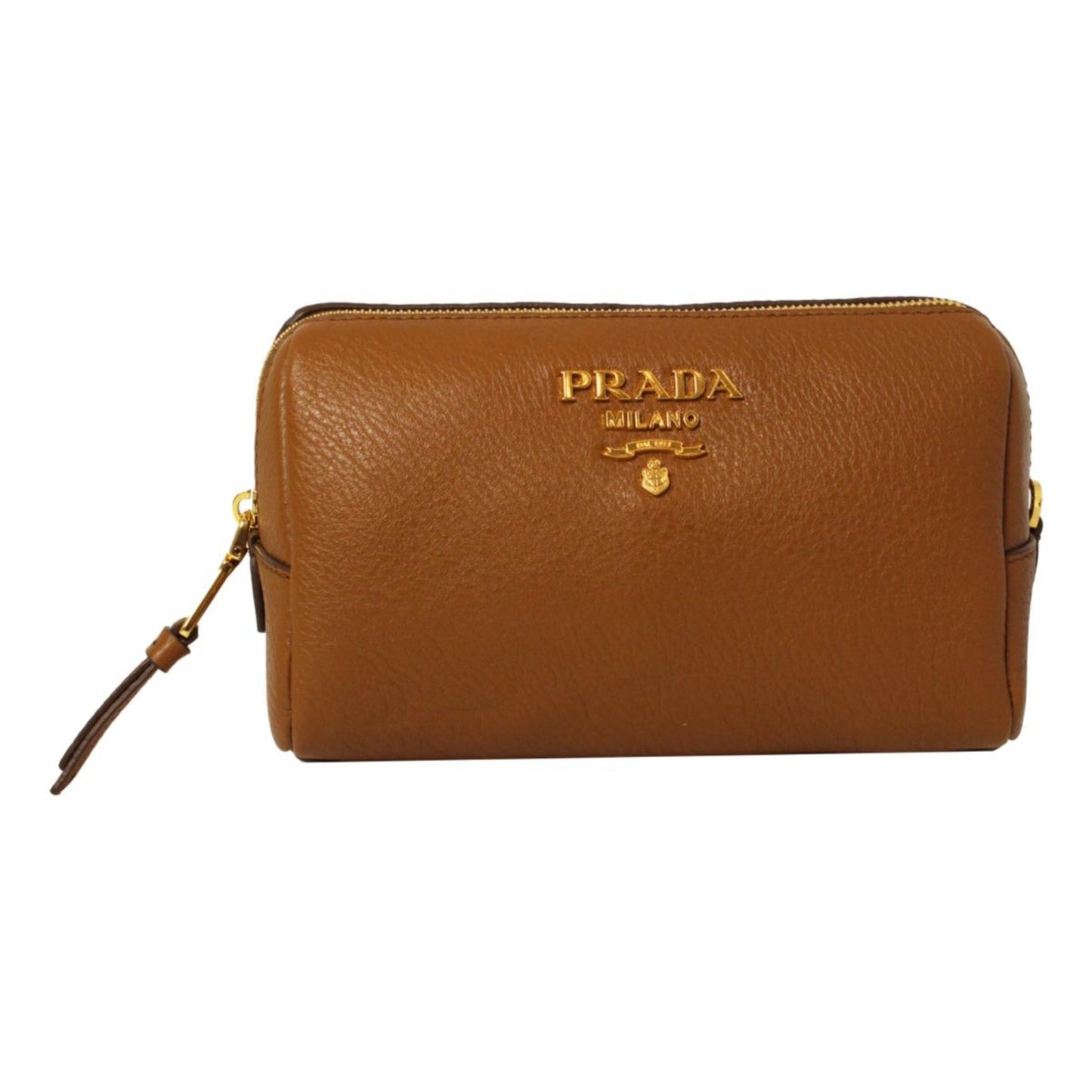 Luxury PradaVitello Daino Cannella Brown Leather Cosmetic Pouch Clutch Bag