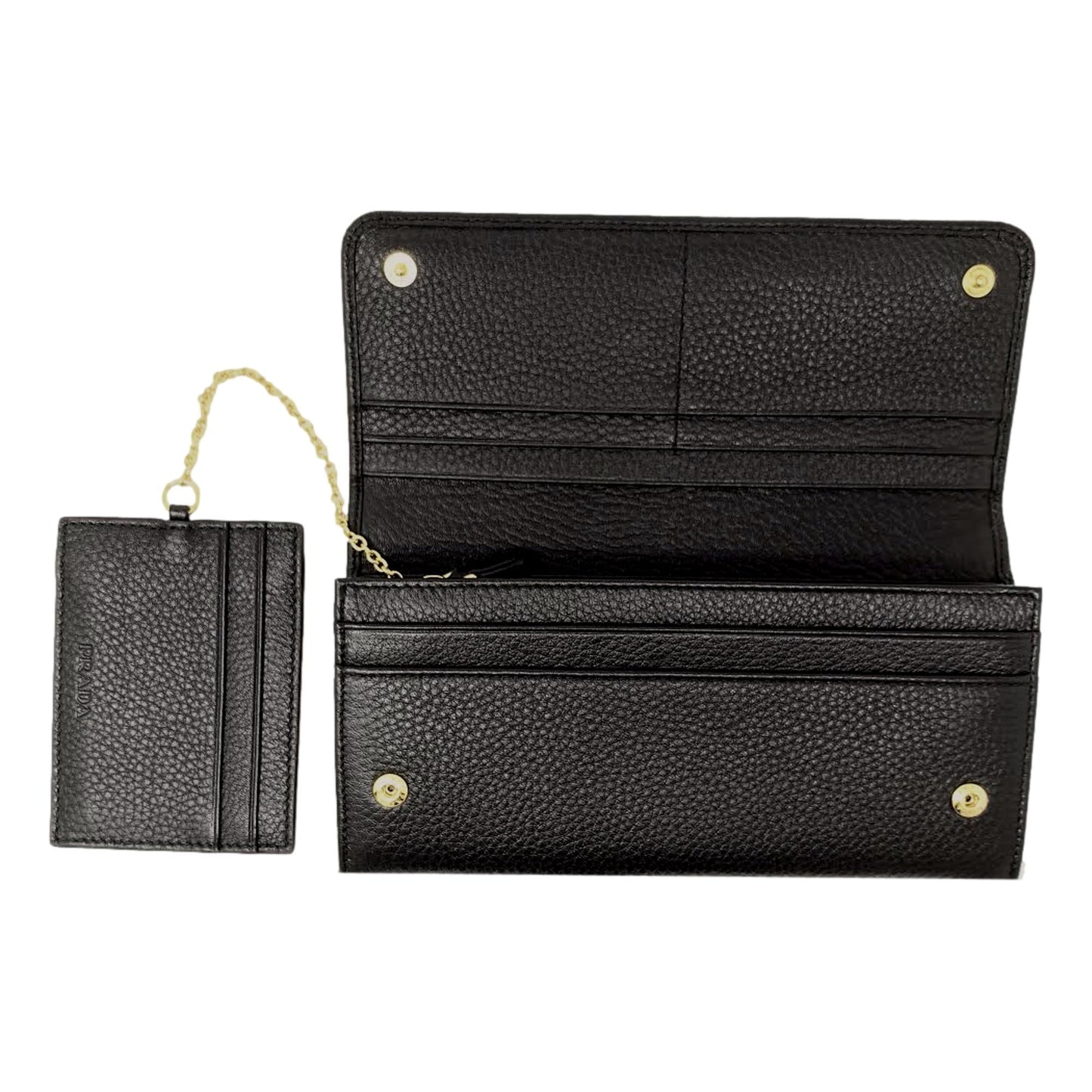 Luxury PradaVitello Grain Black Leather ID Holder Continental Long Wallet