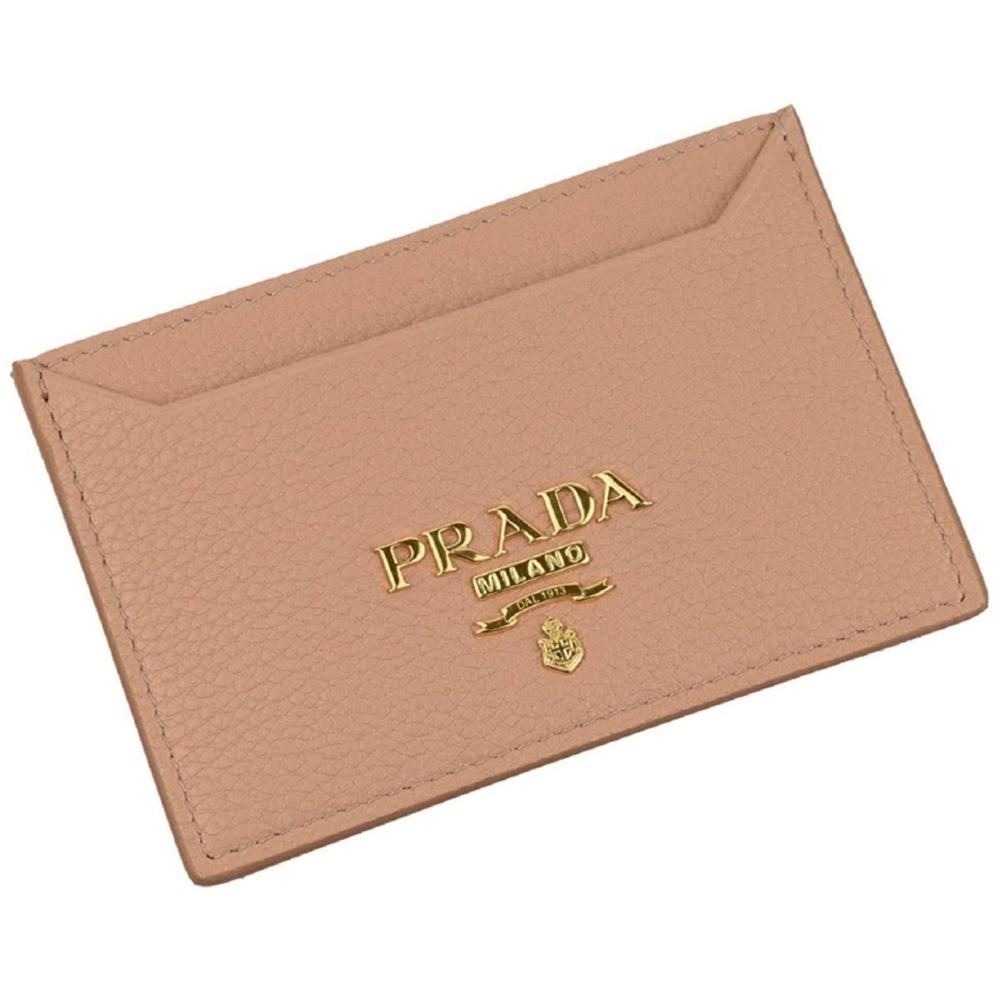 Luxury PradaVitello Grain Leather Card Holder Cipria Beige Gold Logo