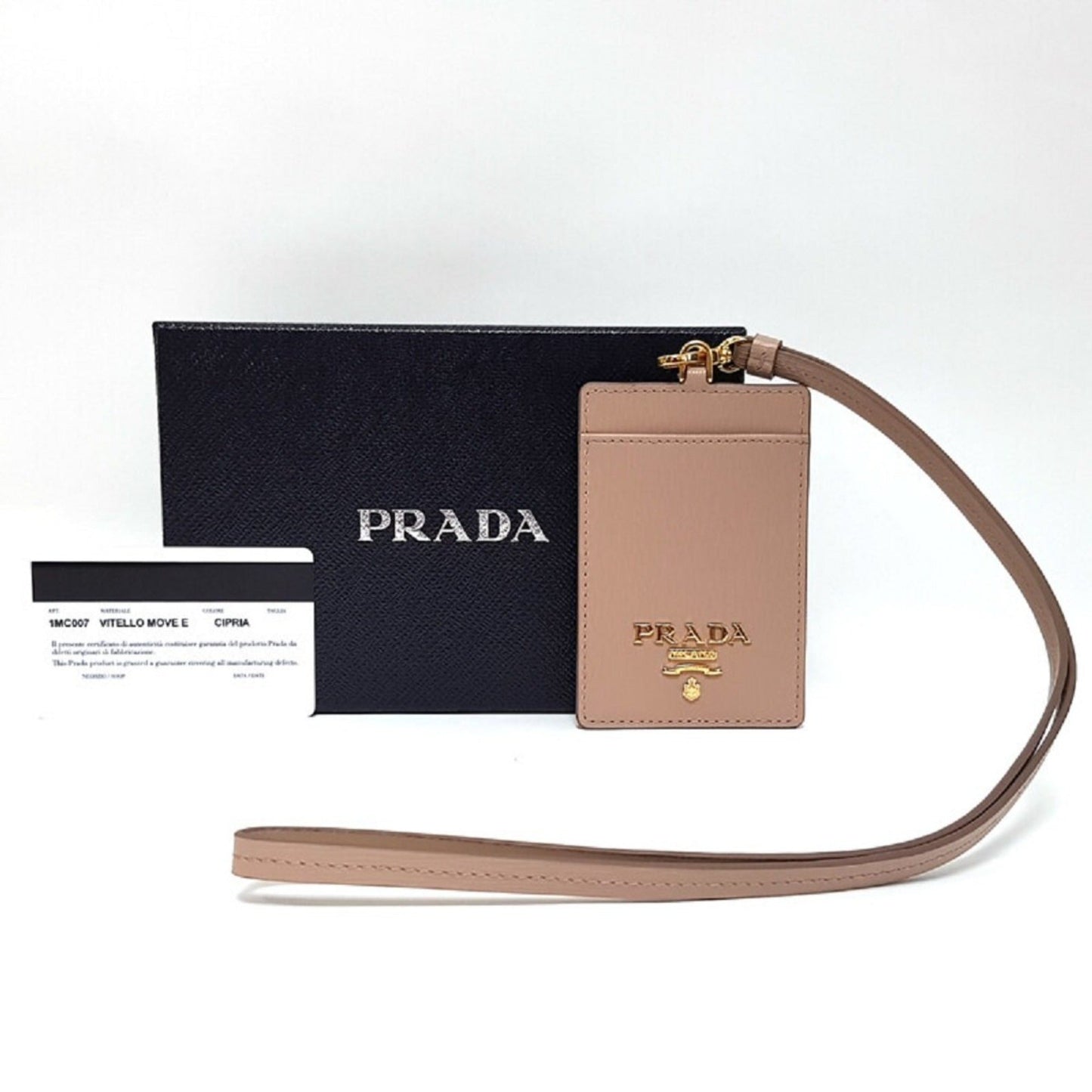 Luxury PradaVitello Move Beige Leather Logo Plaque Lanyard Cardholder Wallet