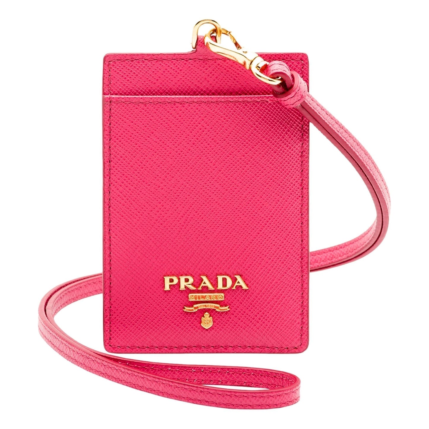Luxury PradaVitello Move Fuchsia Leather Logo Plaque Lanyard Cardholder Wallet