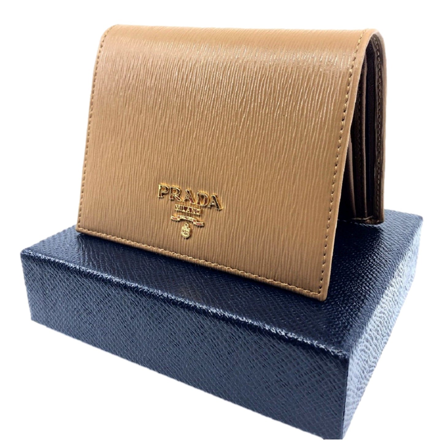 Luxury PradaVitello Move Cipria Beige Leather Bifold Snap Wallet