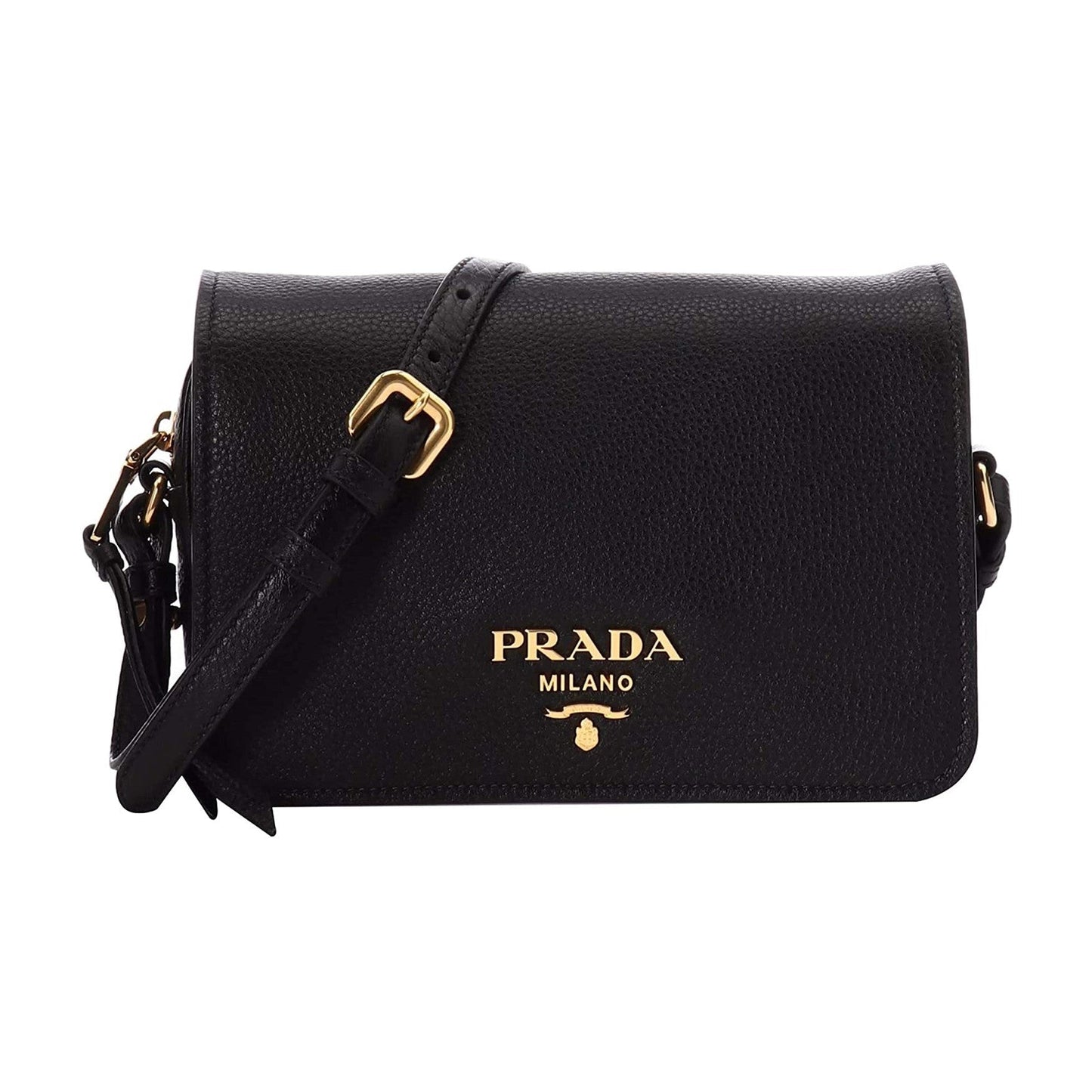 Luxury PradaVitello Phenix Black Leather Flap Crossbody Bag