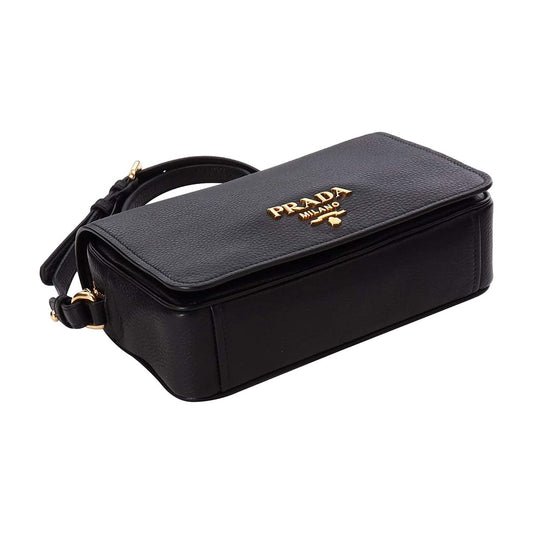 Luxury PradaVitello Phenix Black Leather Flap Crossbody Bag