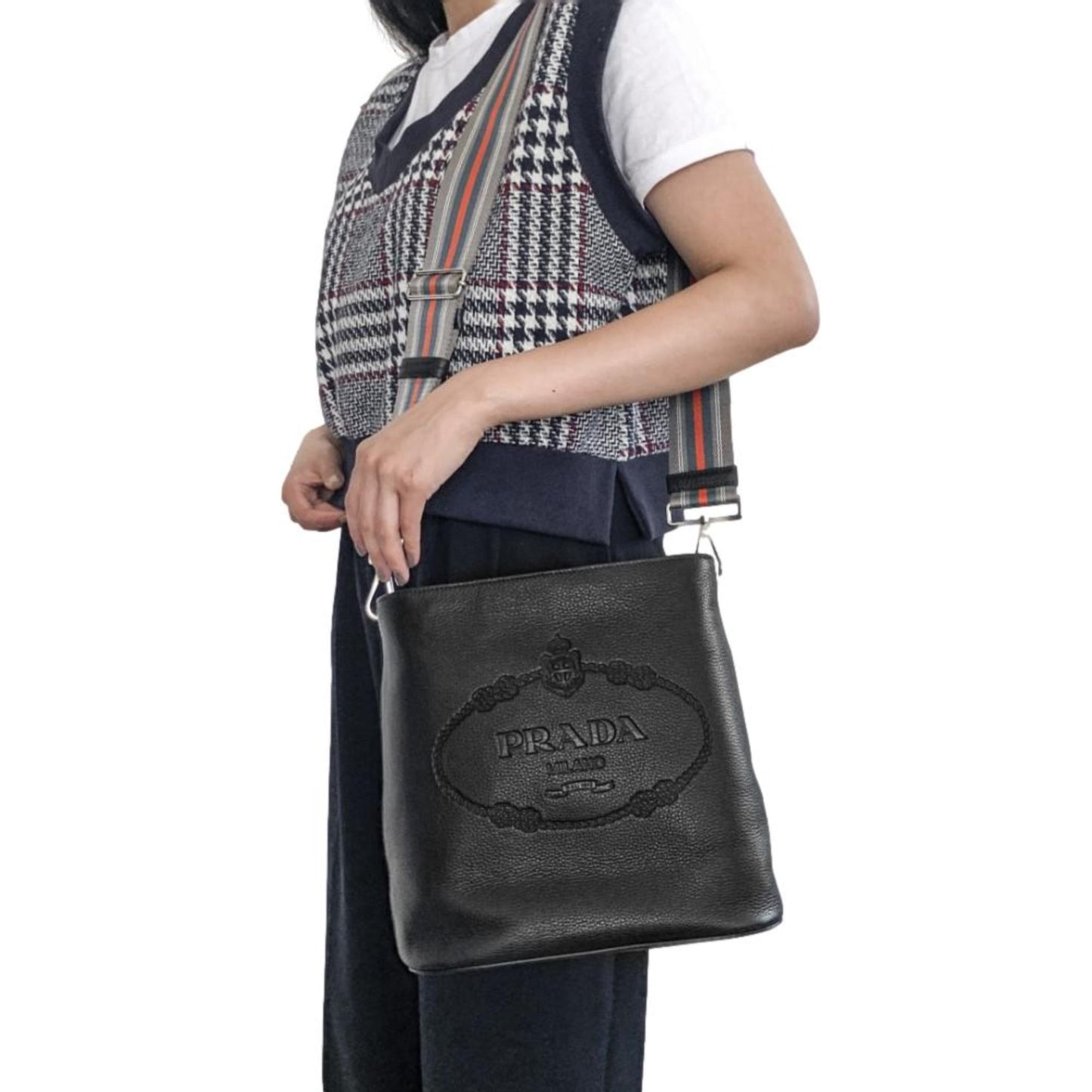 Luxury PradaVitello Phenix Black Leather Web Strap Crossbody Bucket Bag