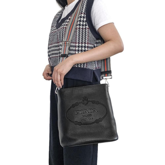 Luxury PradaVitello Phenix Black Leather Web Strap Crossbody Bucket Bag