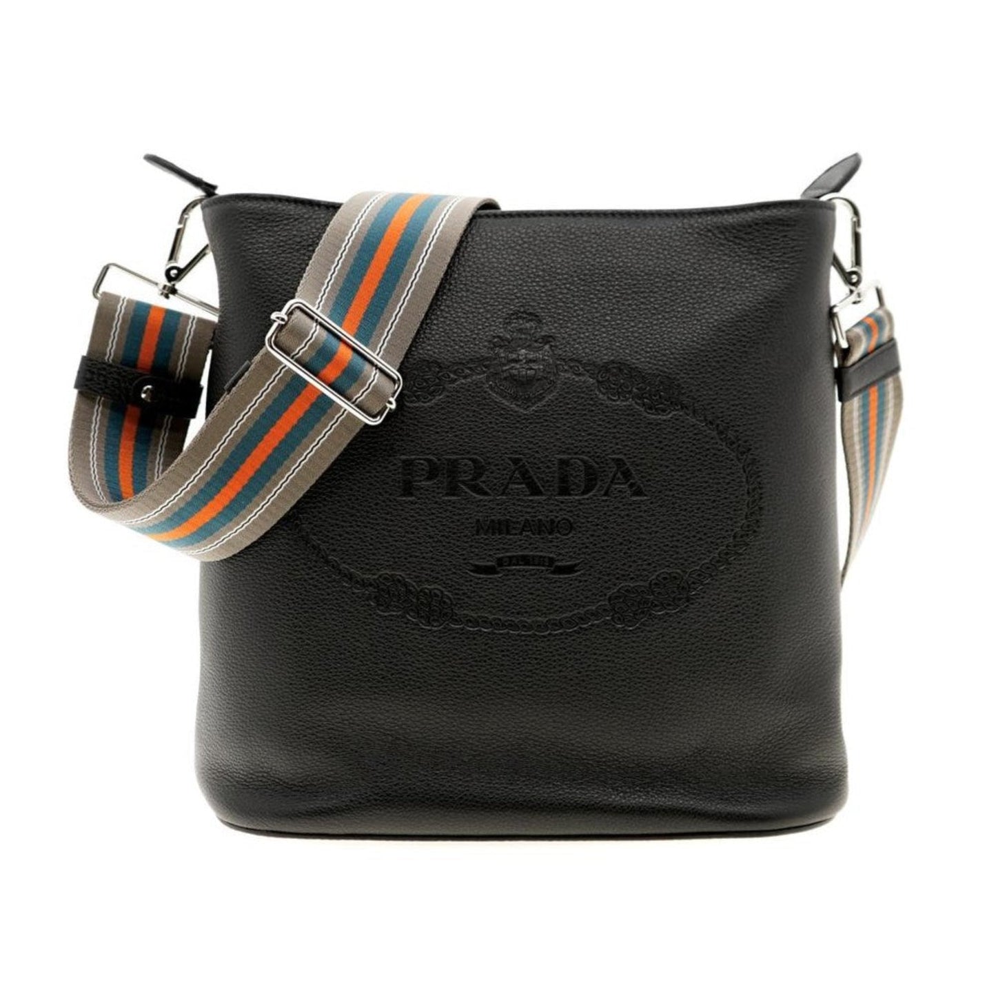 Luxury PradaVitello Phenix Black Leather Web Strap Crossbody Bucket Bag
