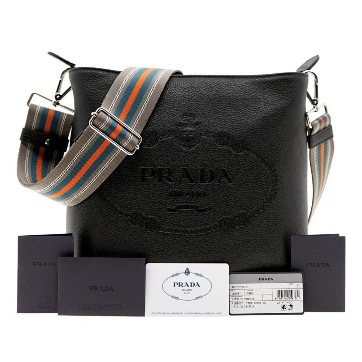 Luxury PradaVitello Phenix Black Leather Web Strap Crossbody Bucket Bag
