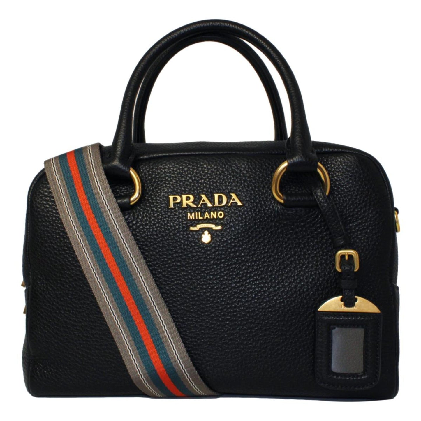 Luxury PradaVitello Phenix Black Leather Web Stripe Crossbody Satchel Bag