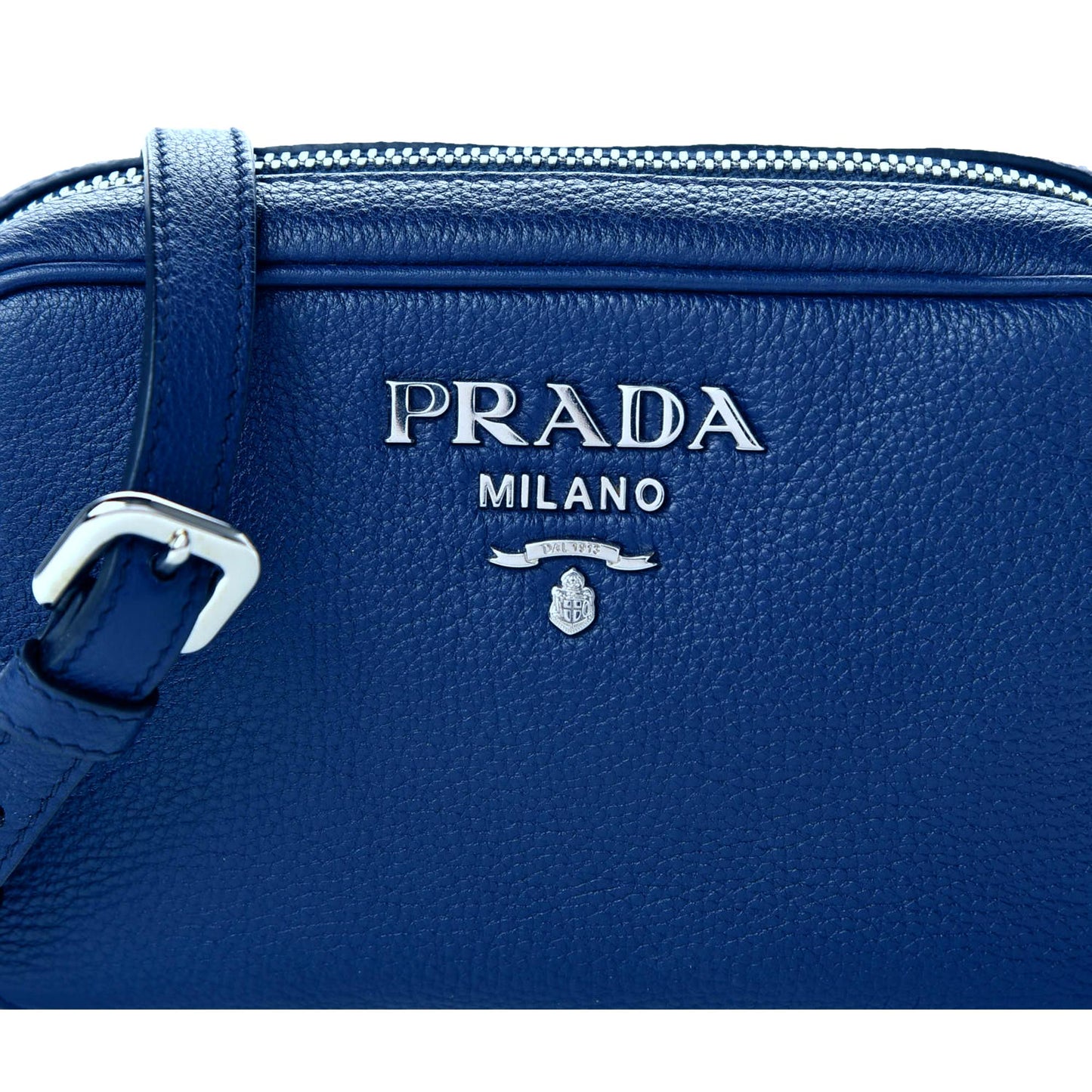 Luxury PradaVitello Phenix Blue Leather Silver Logo Small Camera Crossbody Bag