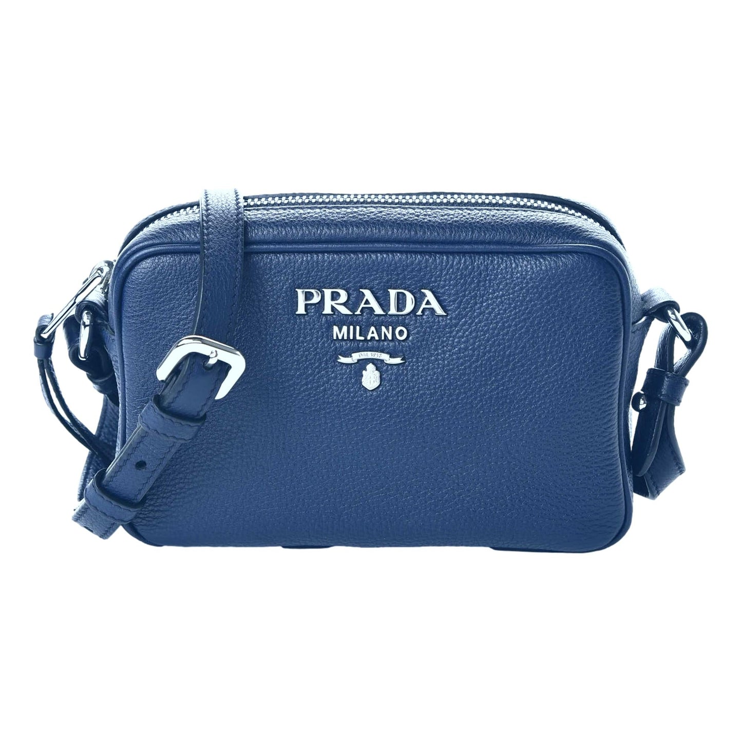 Luxury PradaVitello Phenix Blue Leather Silver Logo Small Camera Crossbody Bag