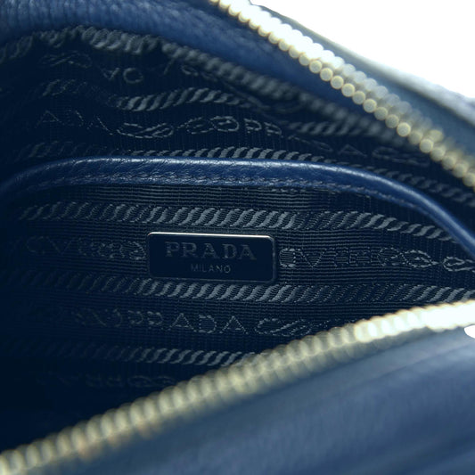 Luxury PradaVitello Phenix Blue Leather Silver Logo Small Camera Crossbody Bag