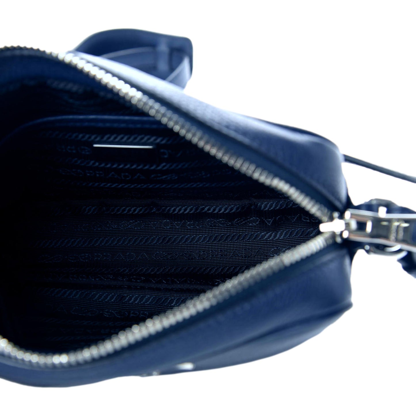 Luxury PradaVitello Phenix Blue Leather Silver Logo Small Camera Crossbody Bag