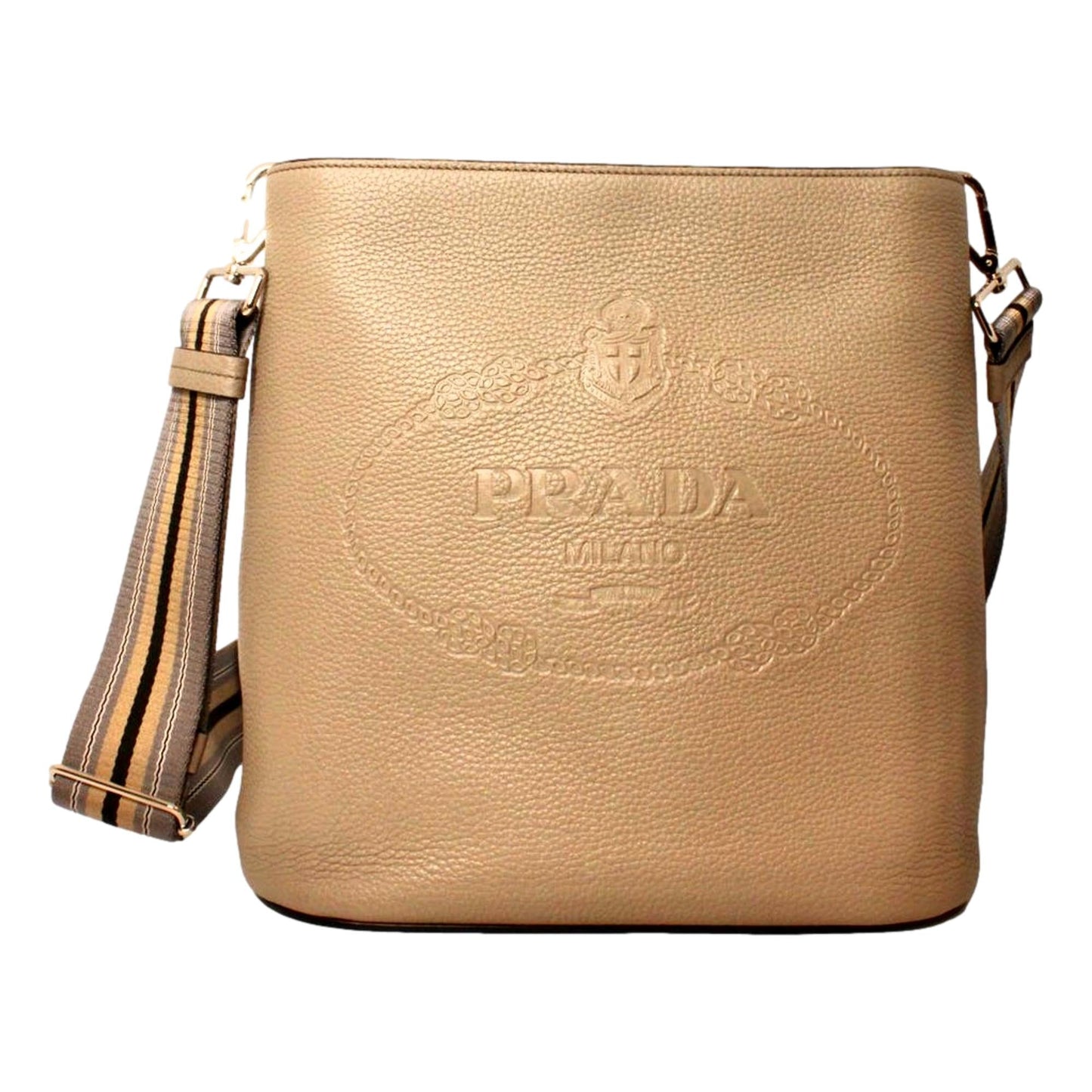 Luxury PradaVitello Phenix Cammeo Leather Stripe Strap Bucket Bag