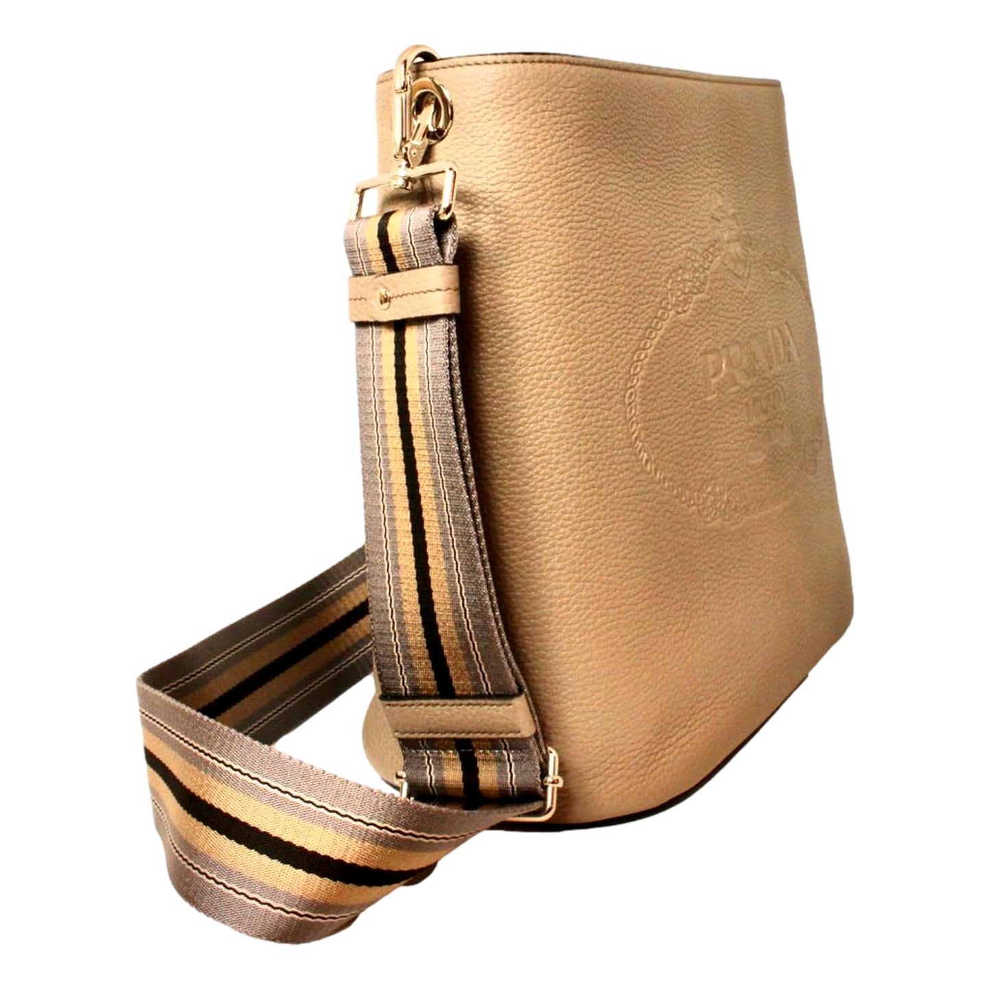 Luxury PradaVitello Phenix Cammeo Leather Stripe Strap Bucket Bag