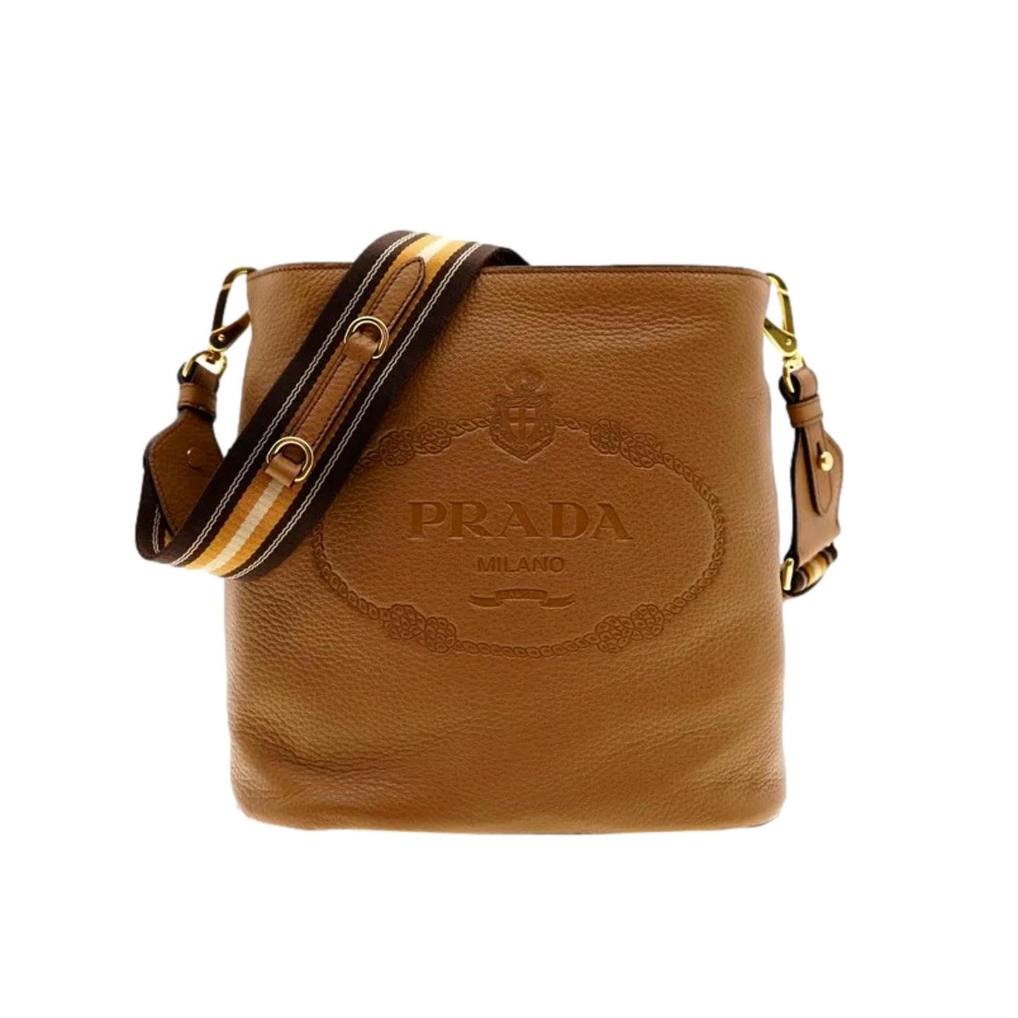 Luxury PradaVitello Phenix Bucket Crossbody Bag Caramel Brown Web Strap