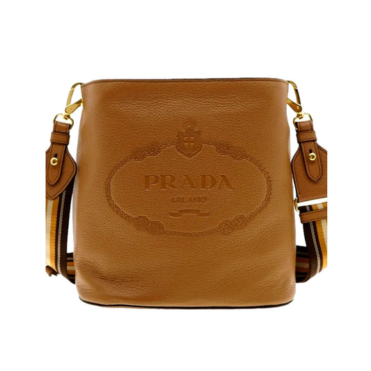 Luxury PradaVitello Phenix Bucket Crossbody Bag Caramel Brown Web Strap