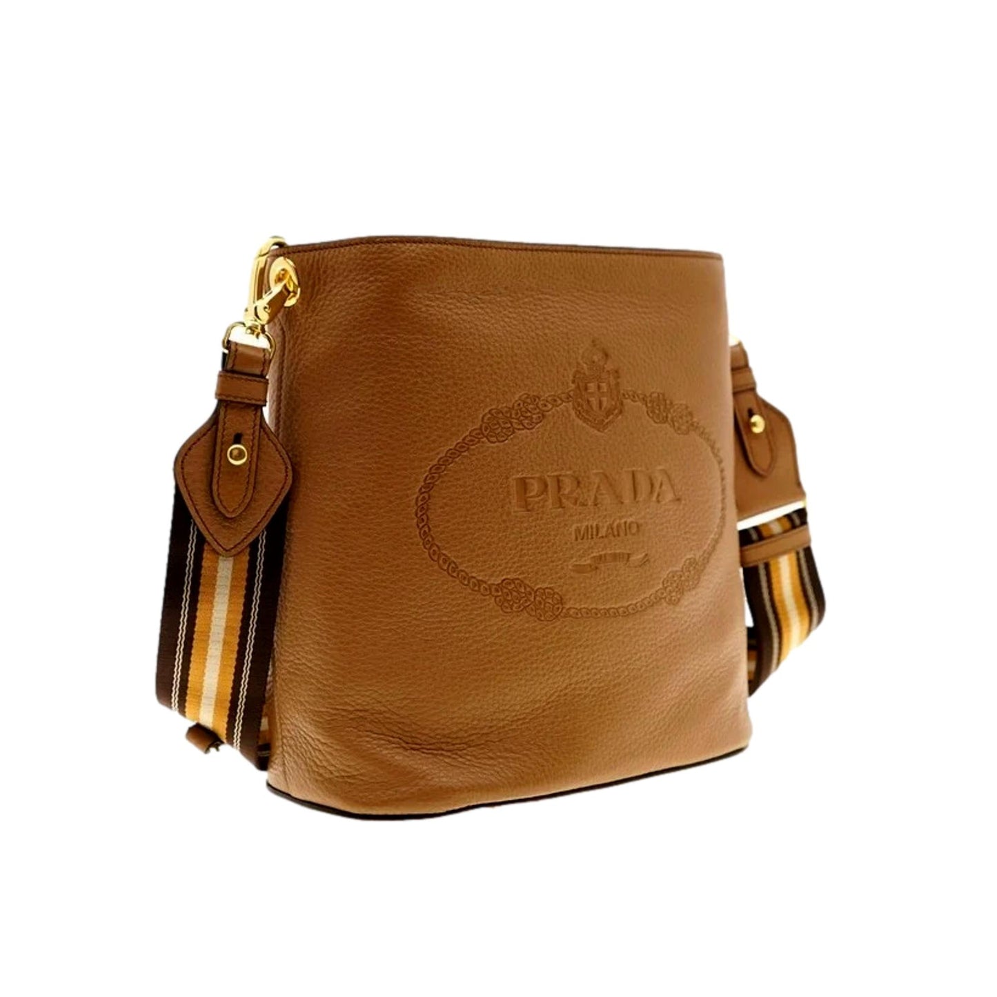 Luxury PradaVitello Phenix Bucket Crossbody Bag Caramel Brown Web Strap
