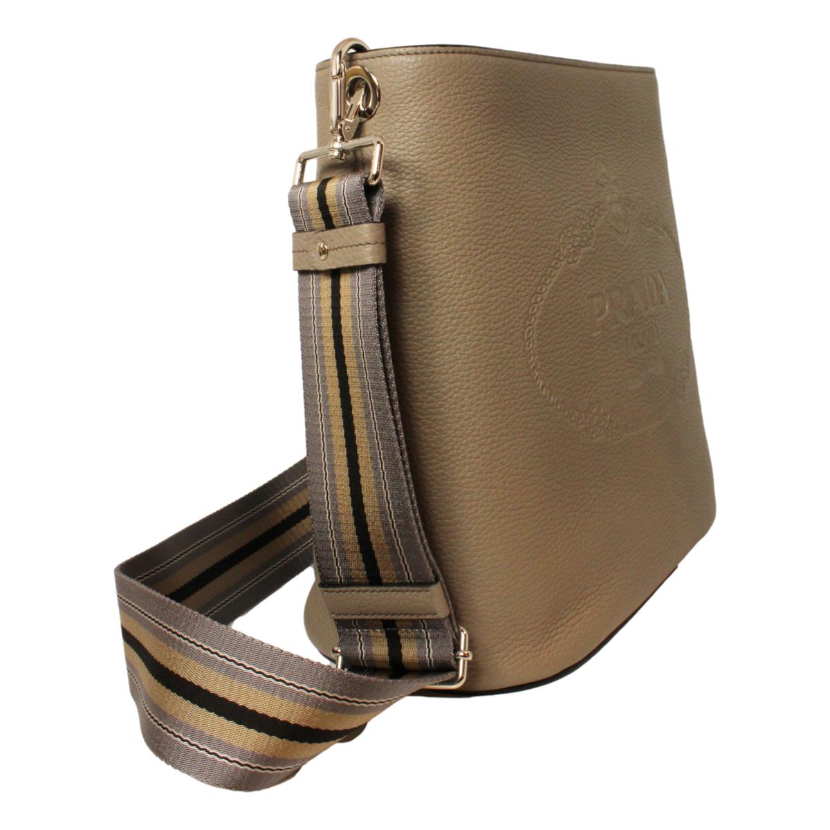 Luxury PradaVitello Phenix Grey Leather Stripe Strap Bucket Bag