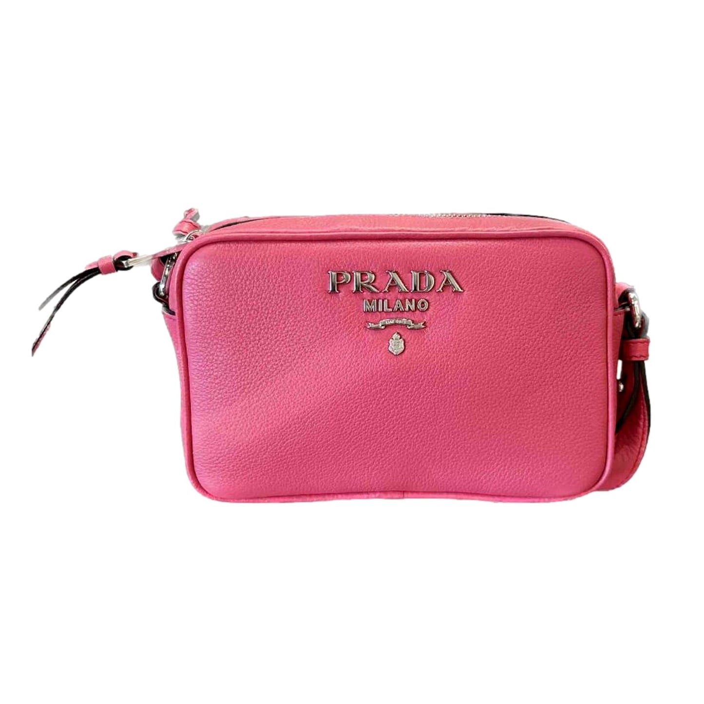 Luxury PradaVitello Phenix Pink Leather Silver Logo Small Camera Crossbody Bag
