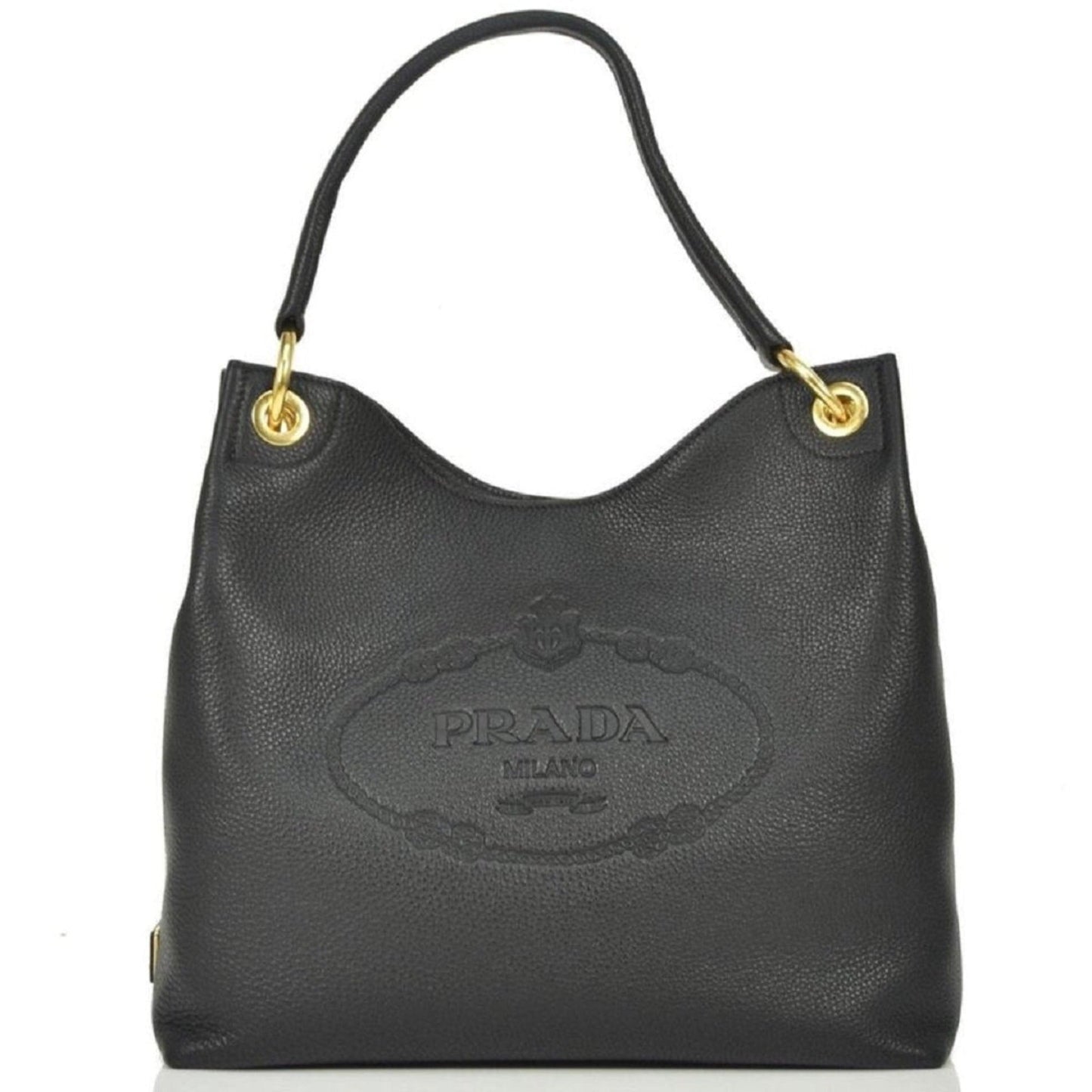 Luxury PradaVitello Phenix Black Leather Embossed Logo Hobo Tote Bag