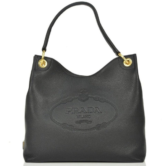 Luxury PradaVitello Phenix Black Leather Embossed Logo Hobo Tote Bag
