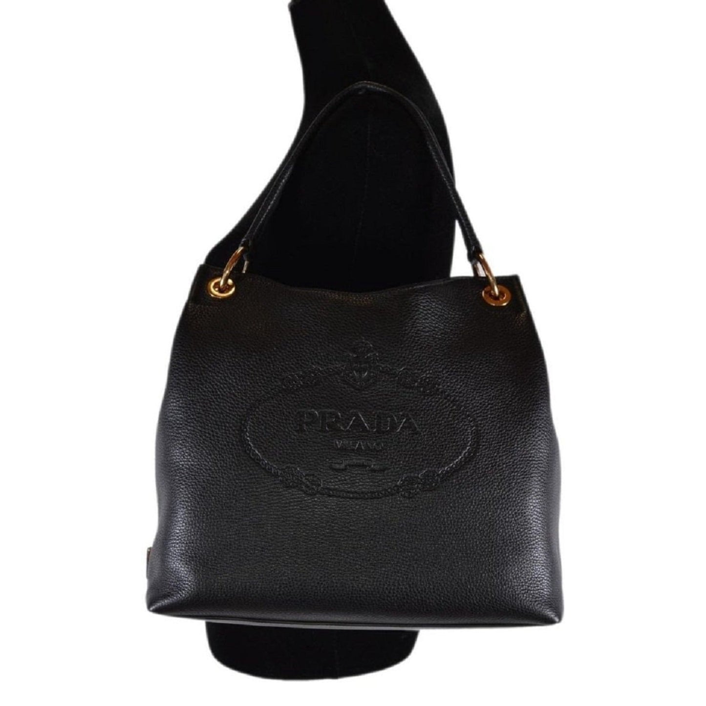 Luxury PradaVitello Phenix Black Leather Embossed Logo Hobo Tote Bag