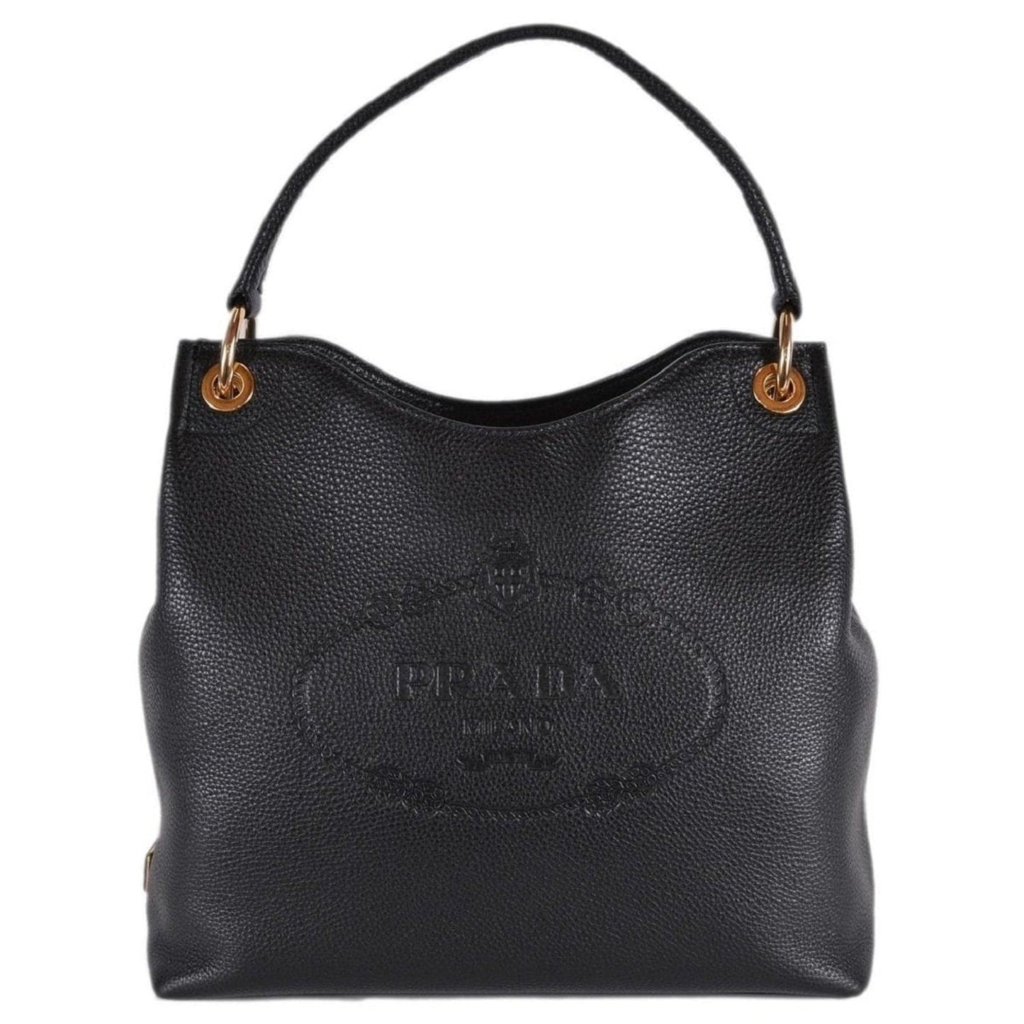 Luxury PradaVitello Phenix Black Leather Embossed Logo Hobo Tote Bag