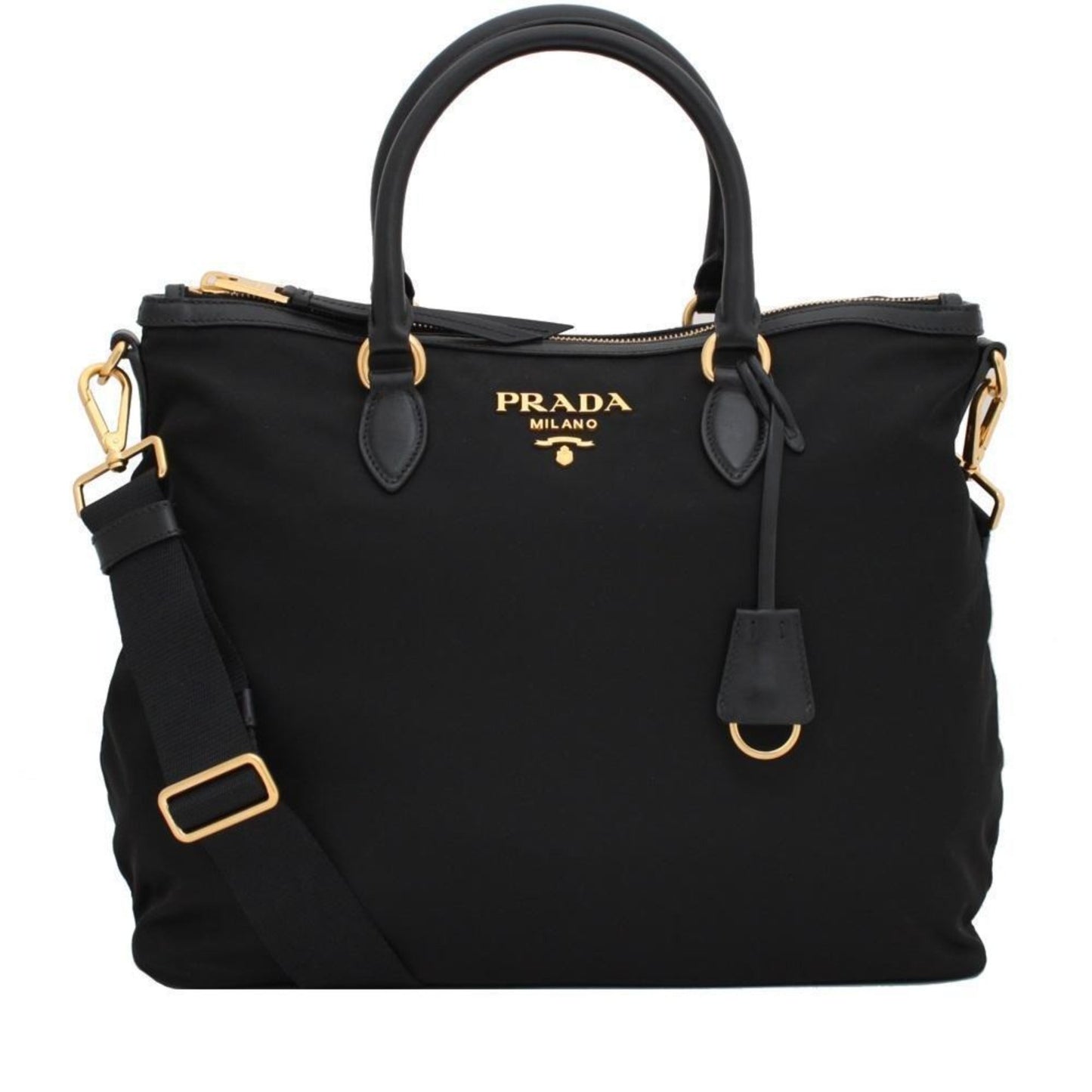 Luxury PradaBlack Tessuto Nylon Calf Leather Trim Satchel Tote Bag