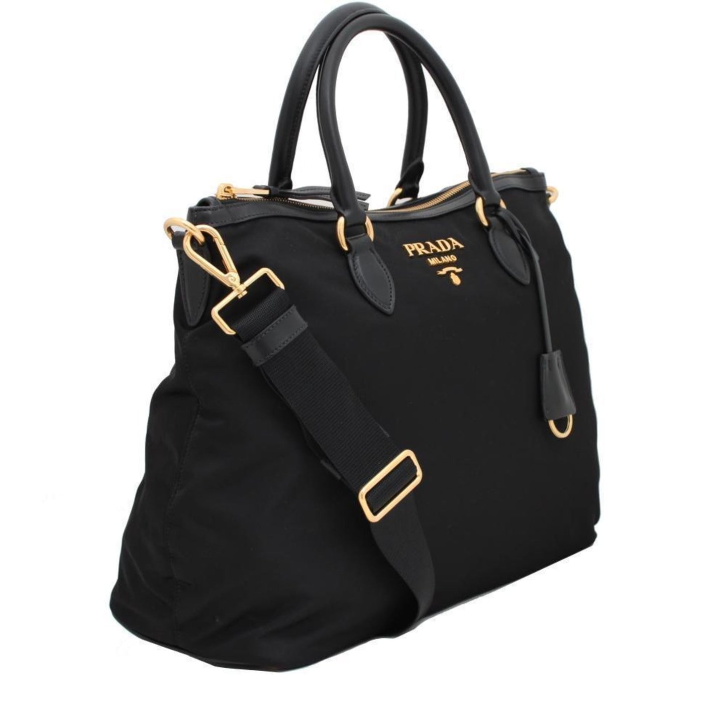 Luxury PradaBlack Tessuto Nylon Calf Leather Trim Satchel Tote Bag