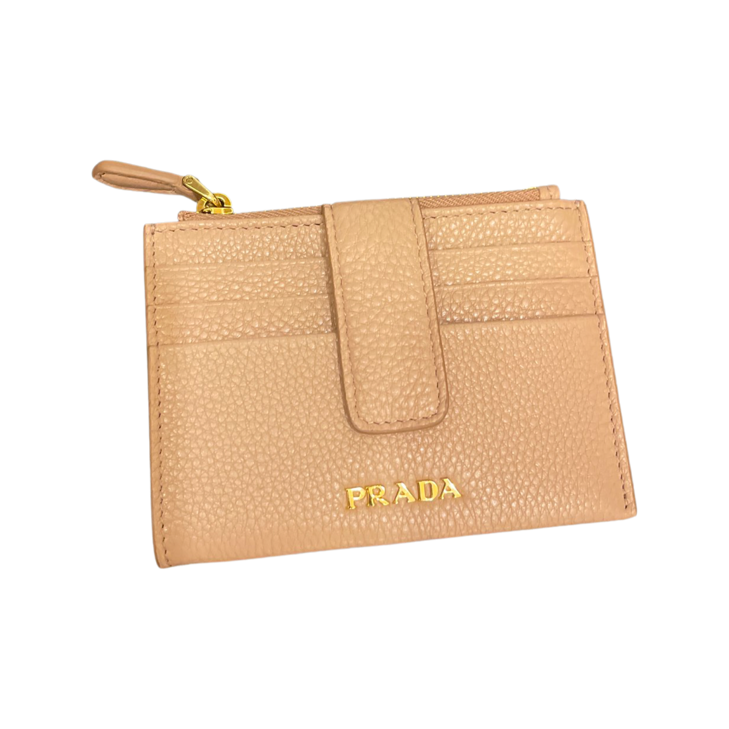 Luxury PradaWomens Vitello Grain Cipria Beige Leather Zip Top Card Wallet