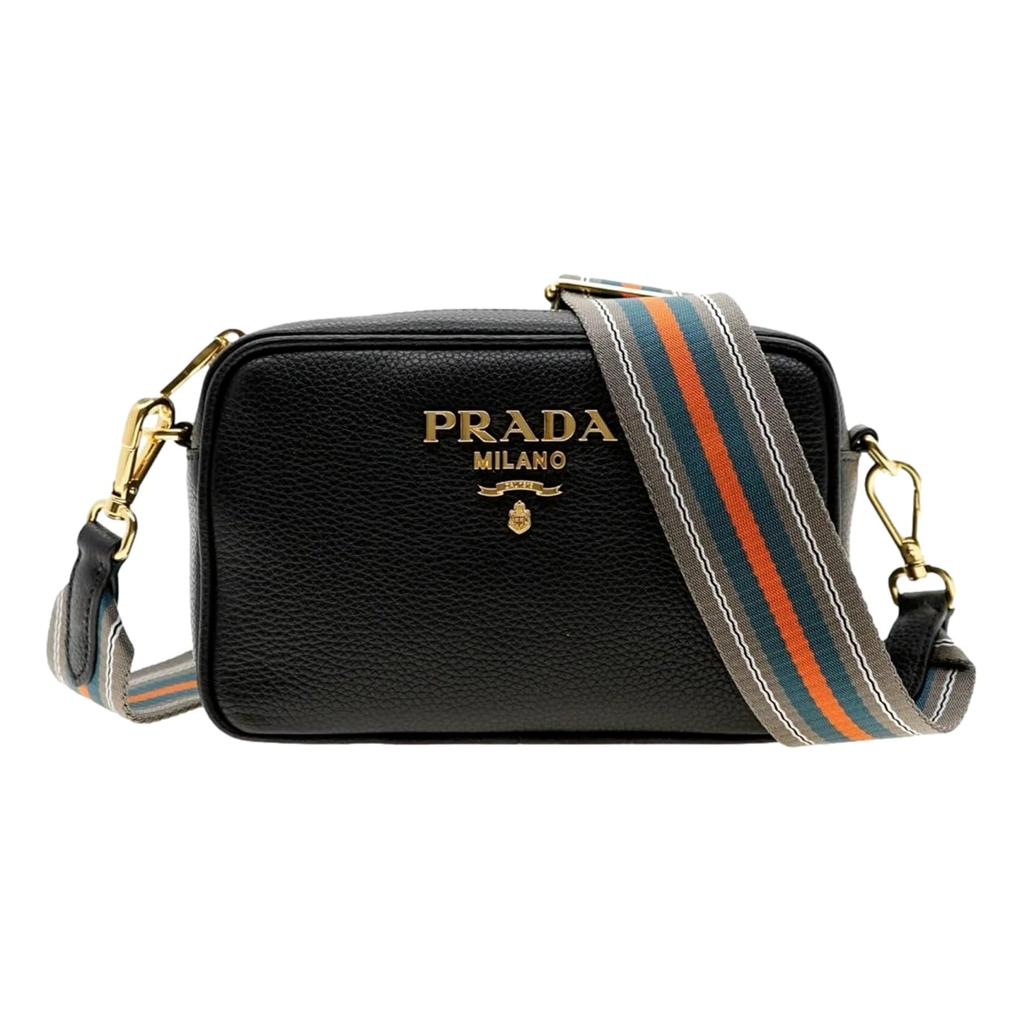 Luxury PradaMilano Black Leather Crossbody Bag Web Stripe Strap