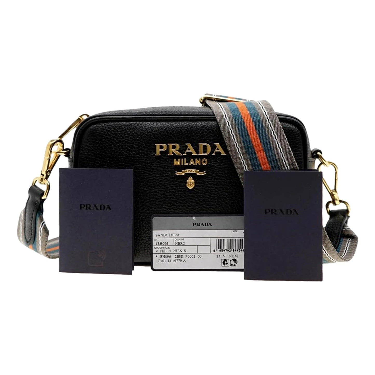 Luxury PradaMilano Black Leather Crossbody Bag Web Stripe Strap