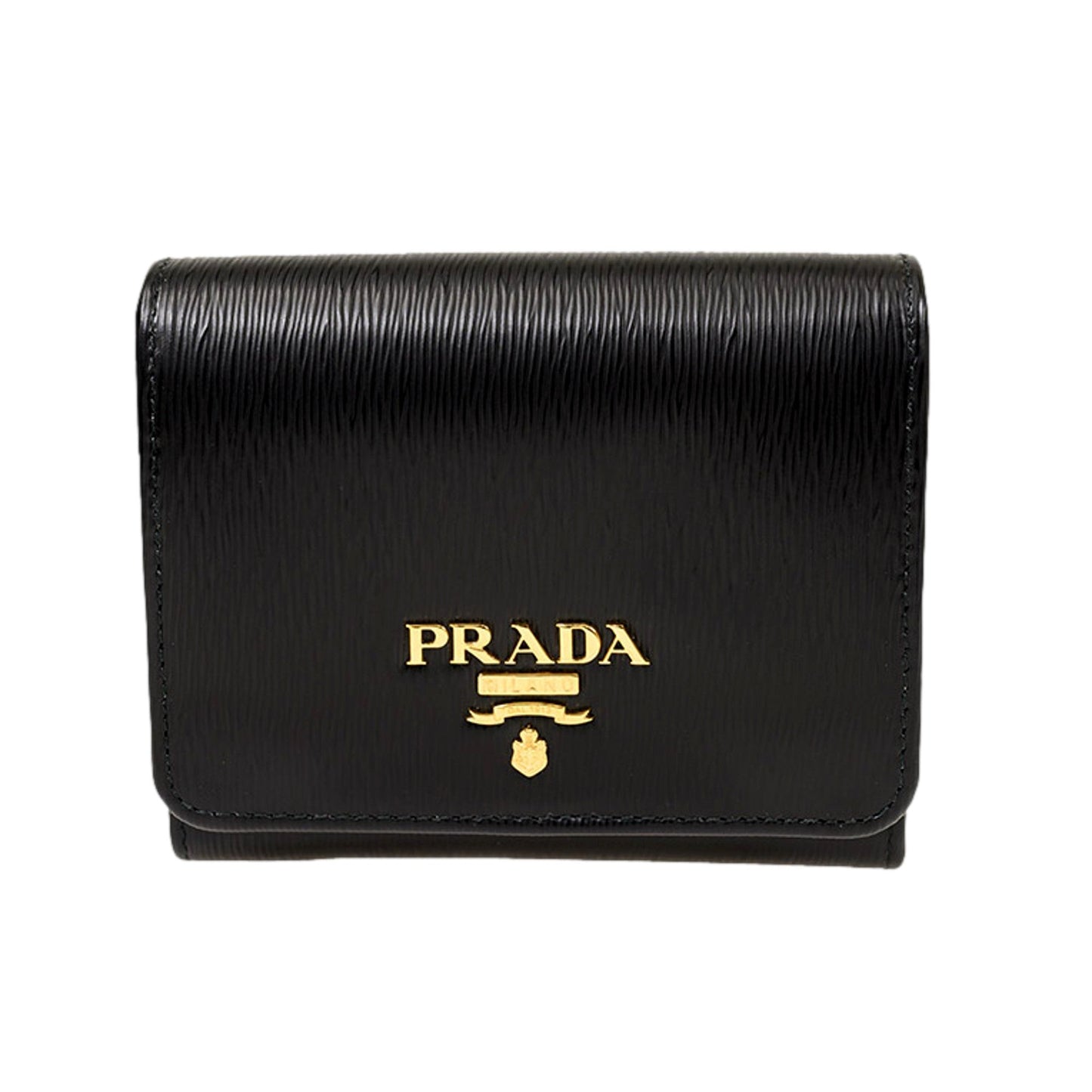 Luxury PradaVitello Move Trifold Compact Wallet Black Leather Logo Plaque