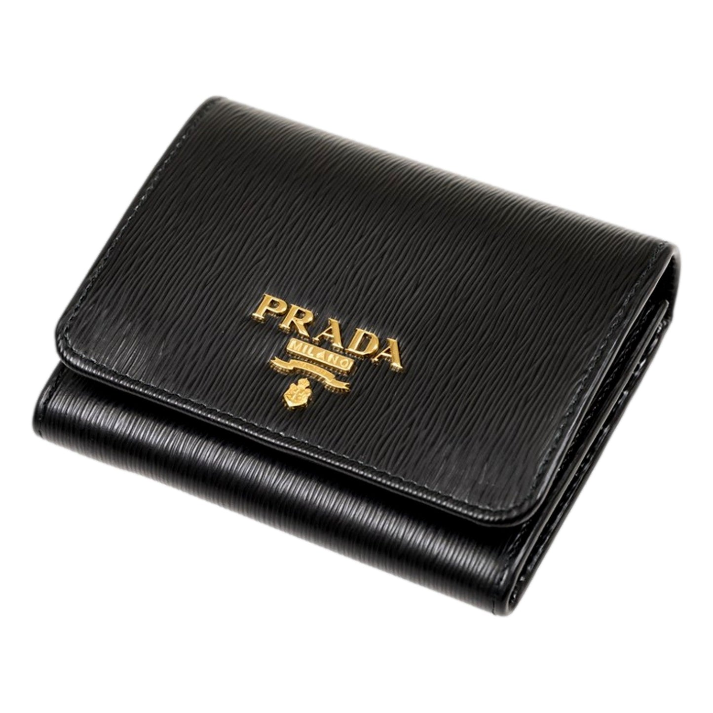 Luxury PradaVitello Move Trifold Compact Wallet Black Leather Logo Plaque