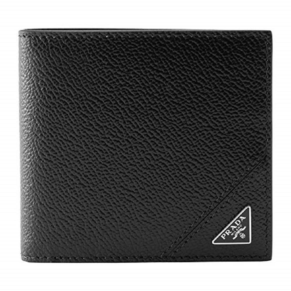Luxury PradaVitello Micro Grain Black Leather Triangle Logo Bifold Wallet