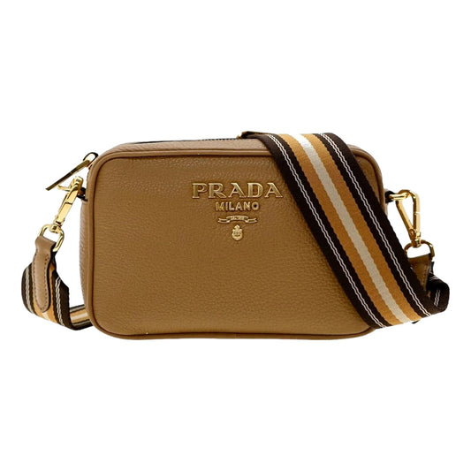 Luxury PradaTan Caramel Leather Crossbody Bag Web Stripe Strap