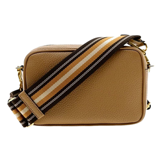 Luxury PradaTan Caramel Leather Crossbody Bag Web Stripe Strap