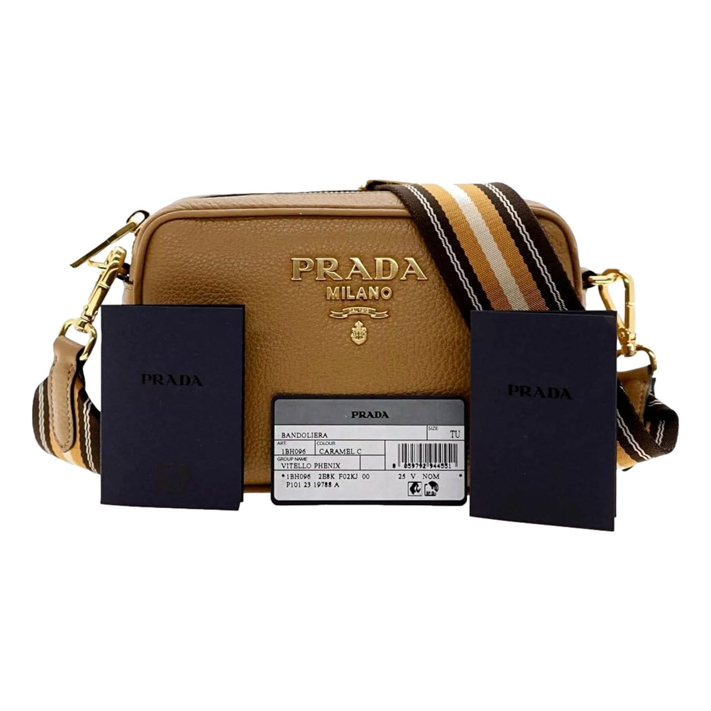 Luxury PradaTan Caramel Leather Crossbody Bag Web Stripe Strap