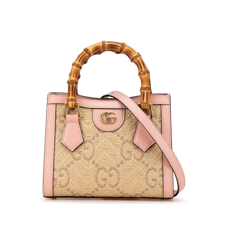 Luxury Gucci Trending 2025 Diana Mini Bamboo Raffia Leather Handbag