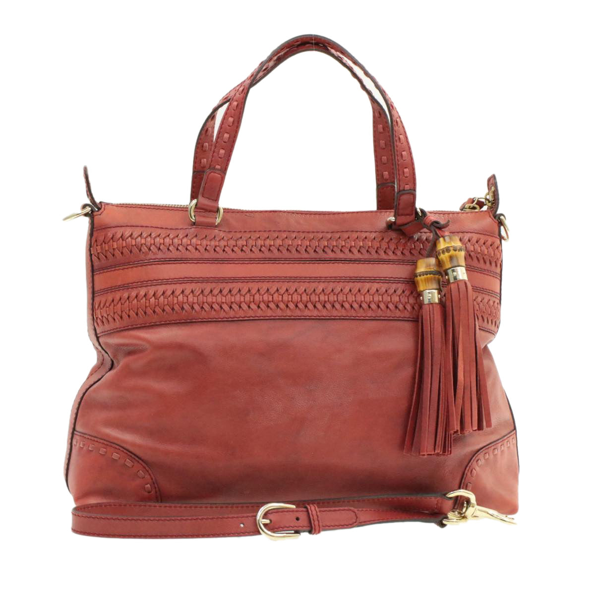 Luxury Gucci Green Carpet Challenge Leather 2Way Tote Bag Fringe Bamboo Red Auth rd707