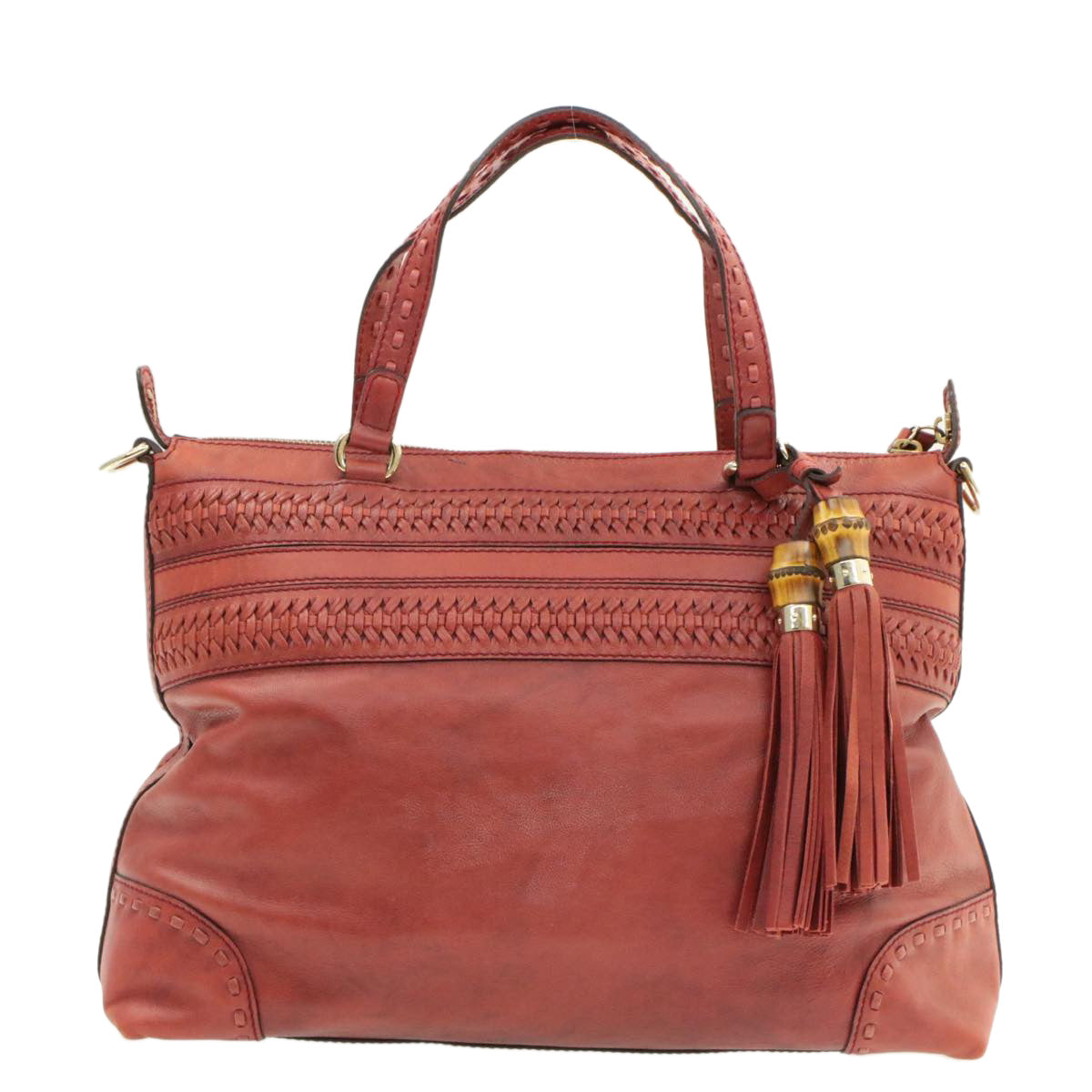 Luxury Gucci Green Carpet Challenge Leather 2Way Tote Bag Fringe Bamboo Red Auth rd707