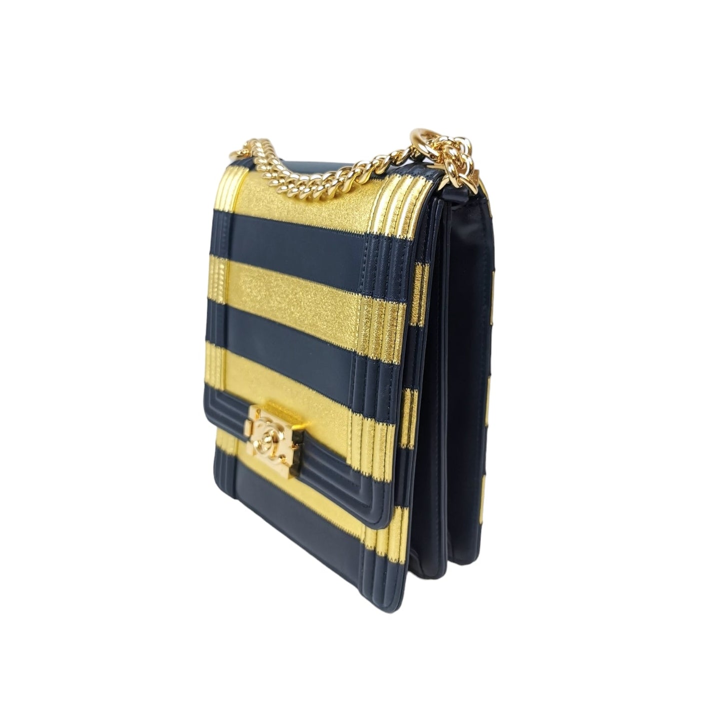 Luxury Chanel Boy North South Paris-New York Striped Lambskin